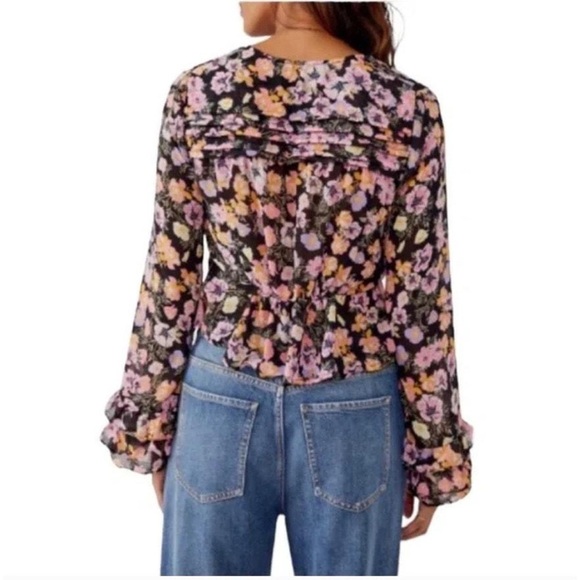 NWT M Free People Maybel Sheer Cropped Pink Floral Blouse with Tie Front (#1,307 - Picture 10 of 16